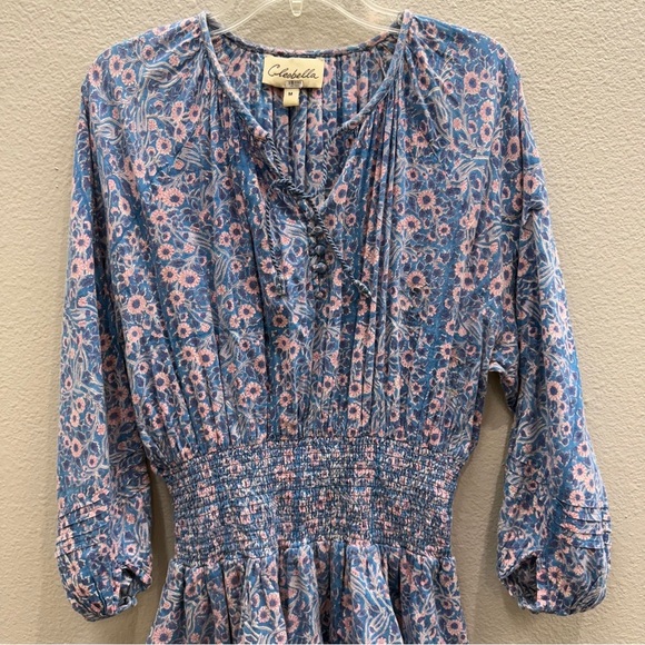 Cleobella Floral Mini Dress Size Medium Smock Waist Layered Ruffle Blue Pink - Picture 4 of 9